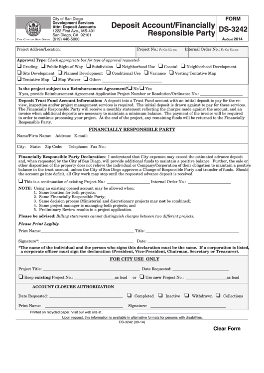 Fillable Form Ds-3242 - Deposit Account/financially Responsible Party - City Of San Diego Development Services- 2014 Printable pdf