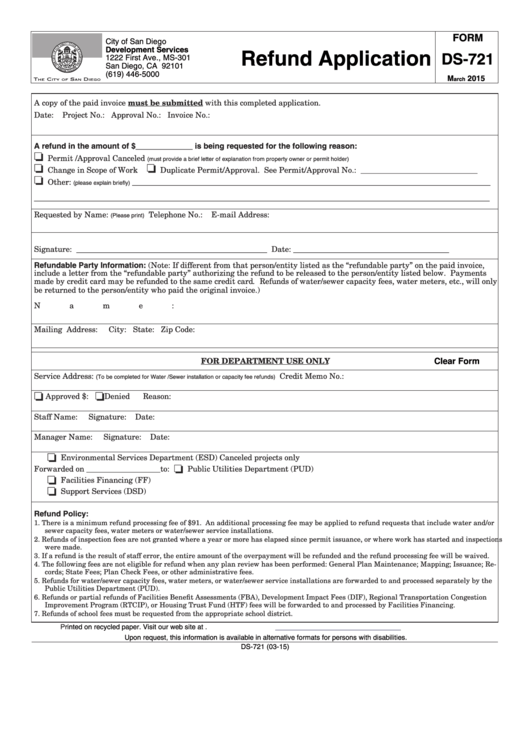 Fillable Form Ds-721 - Refund Application - City Of San Diego Development Services - 2016 Printable pdf