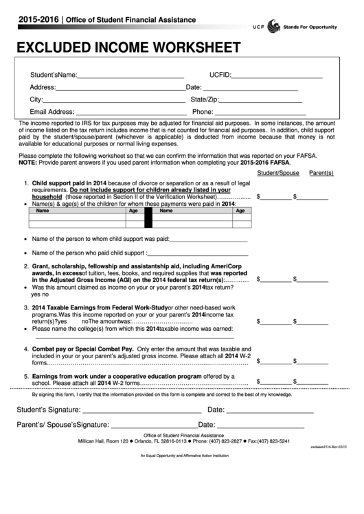 Excluded Income Worksheet - Ucf - 2015-2016