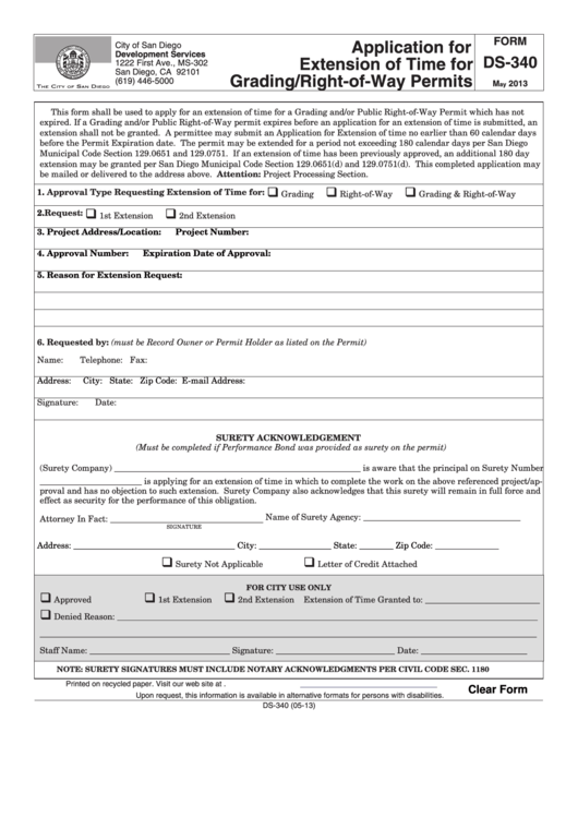 Fillable Form Ds-340 - Application For Extension Of Time For Grading/right-Of-Way Permits - City Of San Diego Development Services -2013 Printable pdf