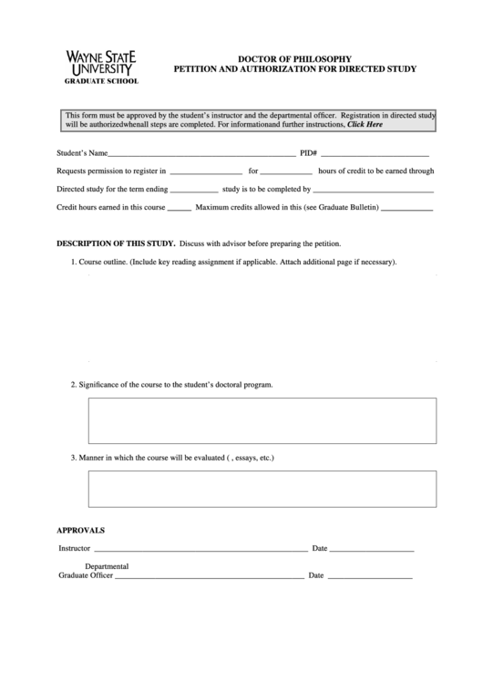 Fillable Doctor Of Philosophy Petition And Authorization For Directed Study Form Printable pdf