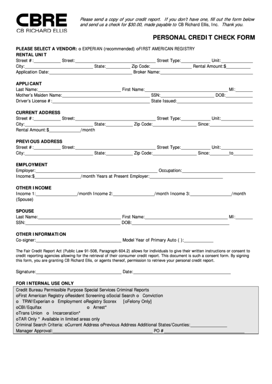 Fillable Personal Credit Check Form Printable pdf