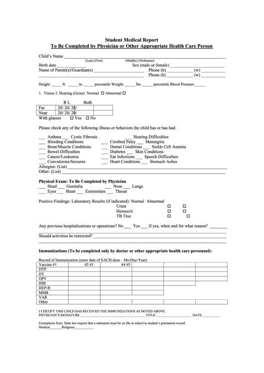 Student Medical Report Form - North Carolina Printable pdf