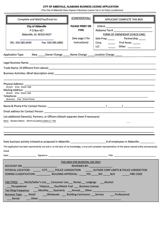 Fillable Business License Application - City Of Abbeville, Alabama Printable pdf