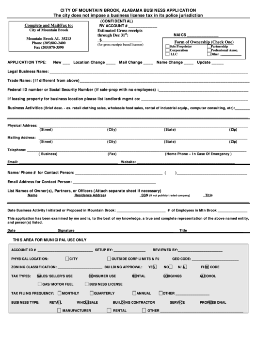 Business Application - City Of Mountain Brook, Alabama Printable pdf