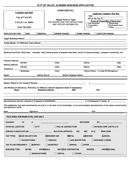 Business Application - City Of Valley, Alabama Printable pdf