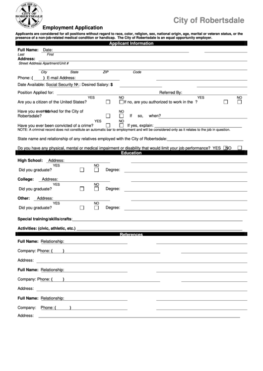 Fillable Employment Application - City Of Robertsdale Printable pdf