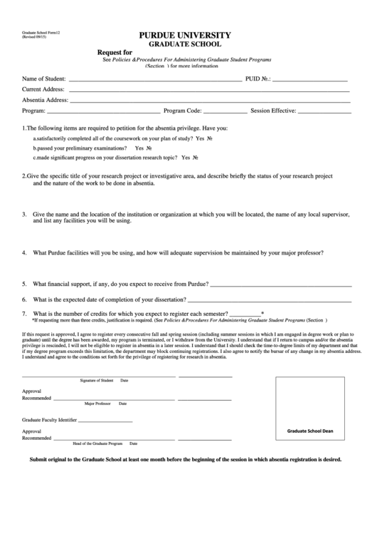Fillable Form 12 - Request For Ph.d. Degree Candidate Research In Absentia Form - Purdue University - Indiana Printable pdf