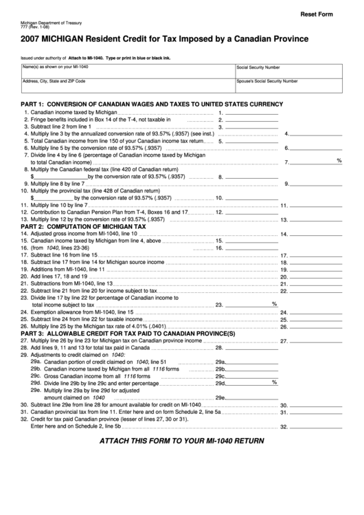 Fillable Form 777 - Michigan Resident Credit For Tax Imposed By A Canadian Province - 2007 Printable pdf