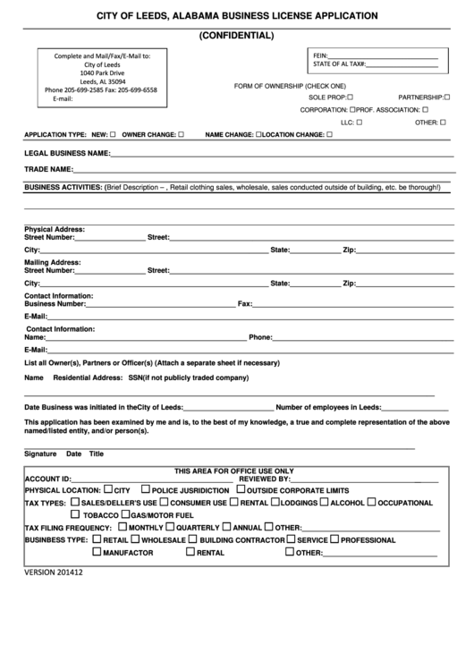Fillable Business License Application Form - City Of Leeds, Alabama Printable pdf