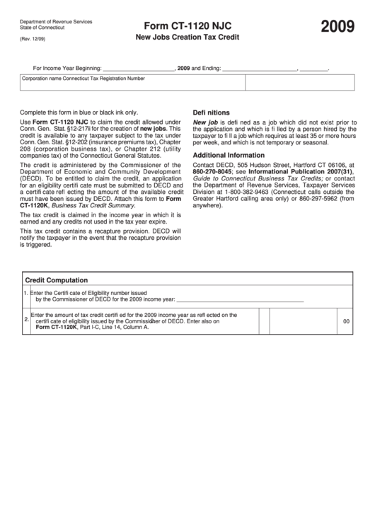 Form Ct-1120 Njc - New Jobs Creation Tax Credit - 2009 Printable pdf