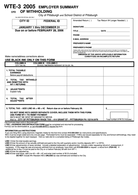 Form Wte-3 - Employer Summary Of Withholding - 2005 Printable pdf