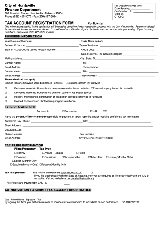 Fillable Tax Account Registration Form - City Of Huntsville Finance Department Printable pdf