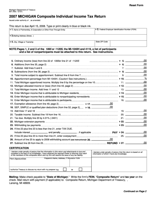 Fillable Form 807 - Michigan Composite Individual Income Tax Return - 2007 Printable pdf