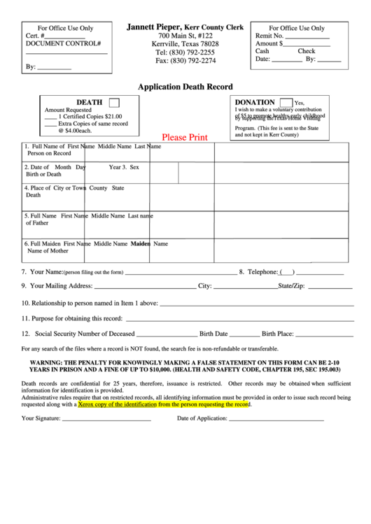 Application Death Record Form - Kerr County Printable pdf