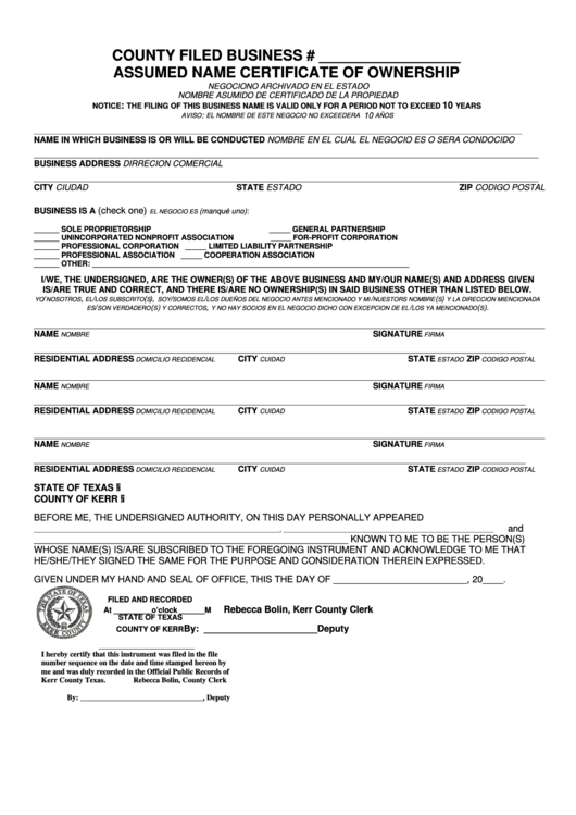 Assumed Name Certificate Of Ownership Form - County Of Kerr Printable pdf