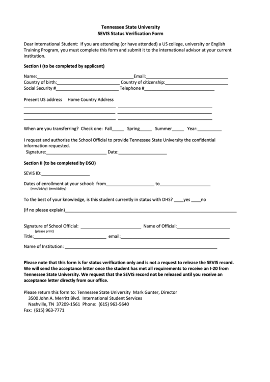 Sevis Status Verification Form - Tennessee State University Printable pdf