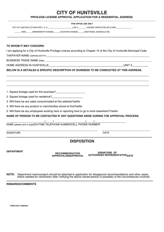 Fillable Privilege License Approval Application For A Residential Address - City Of Huntsville Printable pdf
