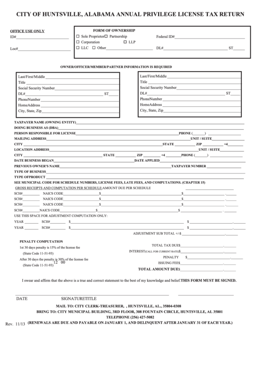 Fillable Annual Privilege License Tax Return - City Of Huntsville Printable pdf