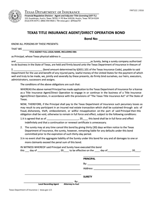 Fillable Form Fint122 - Texas Title Insurance Agent/direct Operation Bond Form - Texas Department Of Insurance Printable pdf