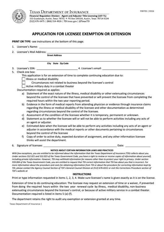 Fillable Form Fint05 - Application For Licensee Exemption Or Extension Printable pdf