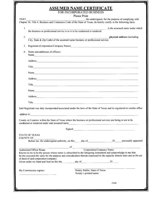 Assumed Name Certificate For Incorporated Business Form - Texas Printable pdf