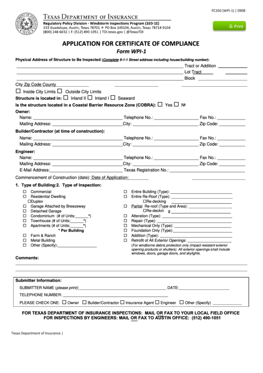 Fillable Form Pc350 (Wpi-1) - Application For Windstorm Inspection Certificate Of Compliance - Texas Department Of Insurance Printable pdf