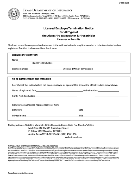 Form Sf228 - Licensed Employee Termination Notice Printable pdf