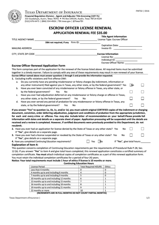 Fillable Form Fint02 - Escrow Officer Renewal Application Printable pdf