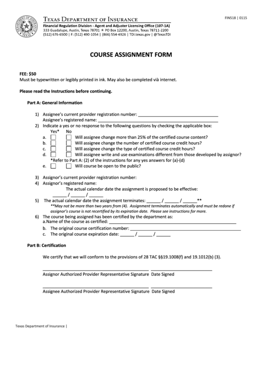 Fillable Form Fin518 - Course Assignment Form - Texas Department Of Insurance Printable pdf