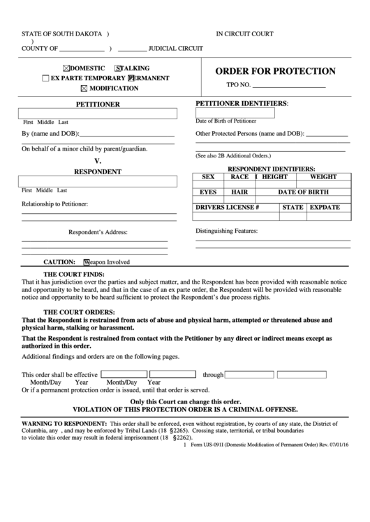 Form Ujs-091i - Order For Protection - 2016 Printable pdf