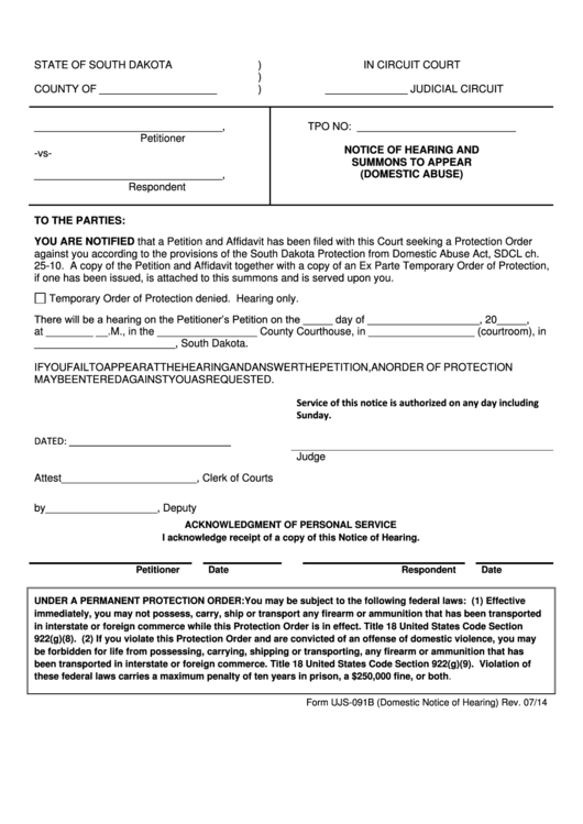 Form Ujs-091b - Notice Of Hearing And Summons To Appear (Domestic Abuse) 2014 Printable pdf