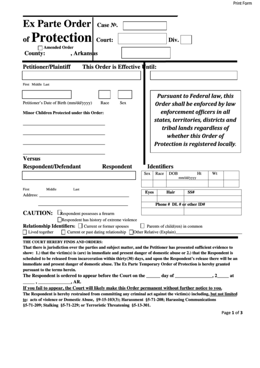 Fillable Ex Parte Order Of Protection Form Printable Pdf Download