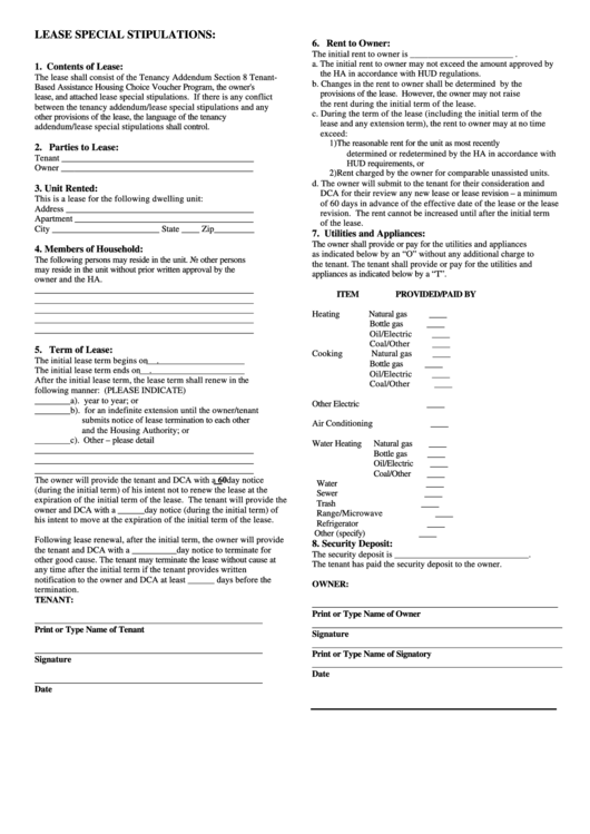 Lease Special Stipulations Form Tenancy Addendum Section 8 Tenant