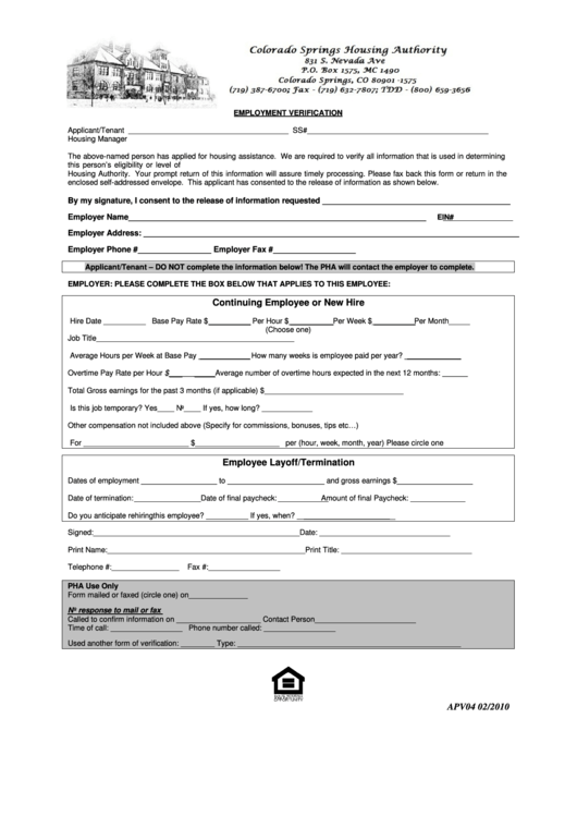 Fillable Form Apv04 - Employment Verification Printable pdf