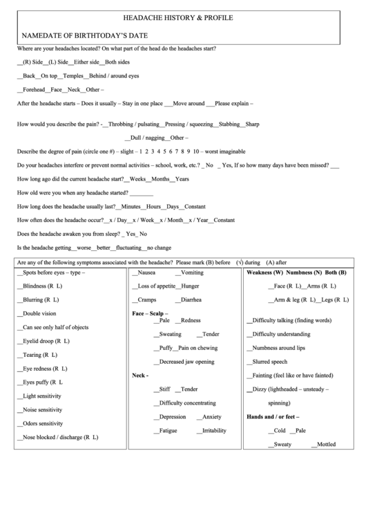 Headache History And Profile Form Printable pdf