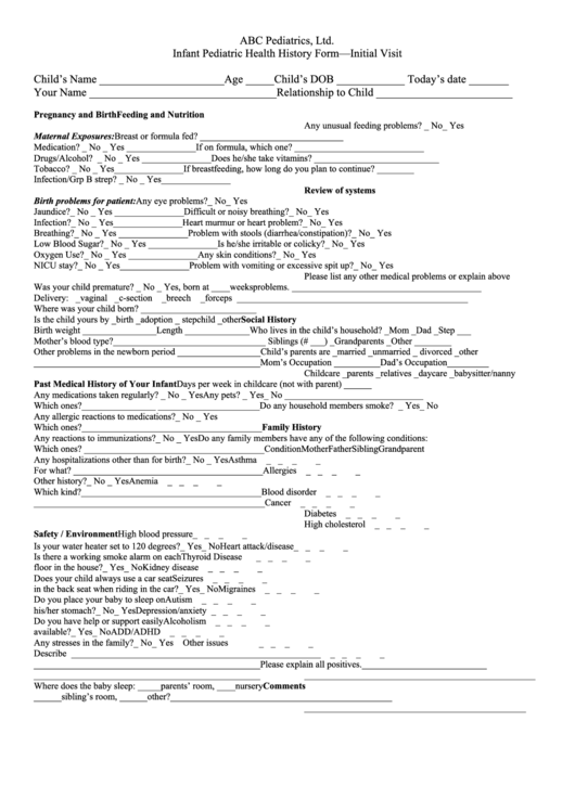 Infant Pediatric Health History Form - Initial Visit Questionnaire Printable pdf
