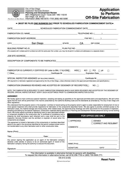Form Ds-313 - Application To Perform Off-Site Fabrication - City Of San Diego Inspection Services Division Planning And Development Review - 2000 Printable pdf