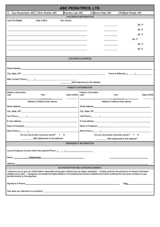 Patient/child Information Template - Parental Authorization Printable pdf