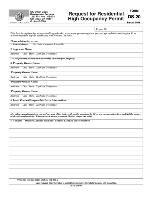 Form Ds-20 - Request For Residential High Occupancy Permit - City Of San Diegodevelopment Services - 2008 Printable pdf