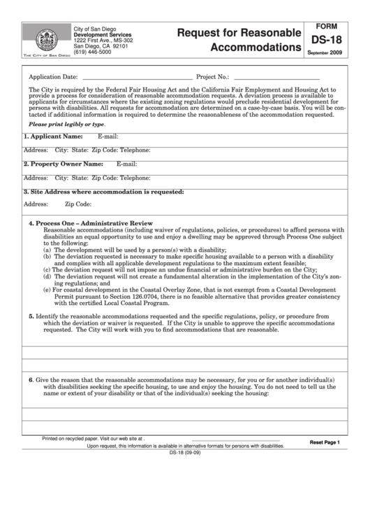 Form Ds-18 - Request For Reasonable Accommodations - City Of San Diego Development Services - 2009 Printable pdf