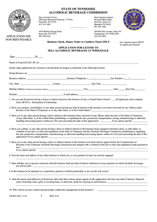 Form Ab Application For License To Sell Alcoholic Beverages At