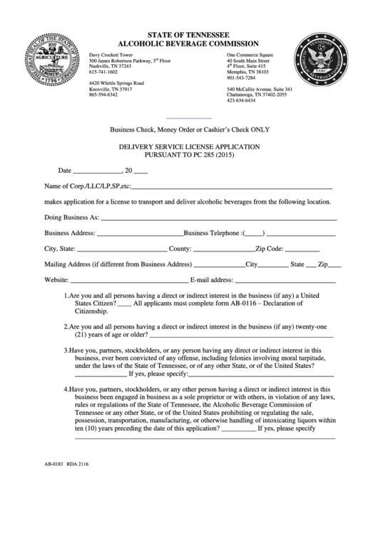 Form Ab-0183 - Delivery Service License Application Printable pdf