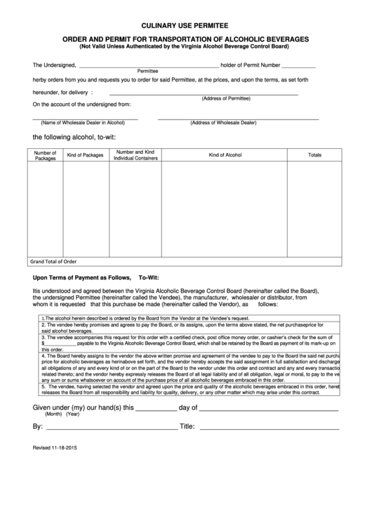 Order And Permit Form For Transportation Of Alcoholic Beverages Printable pdf