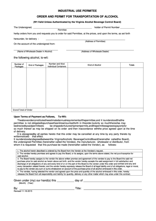 Order And Permit Form For Transportation Of Alcohol Printable pdf