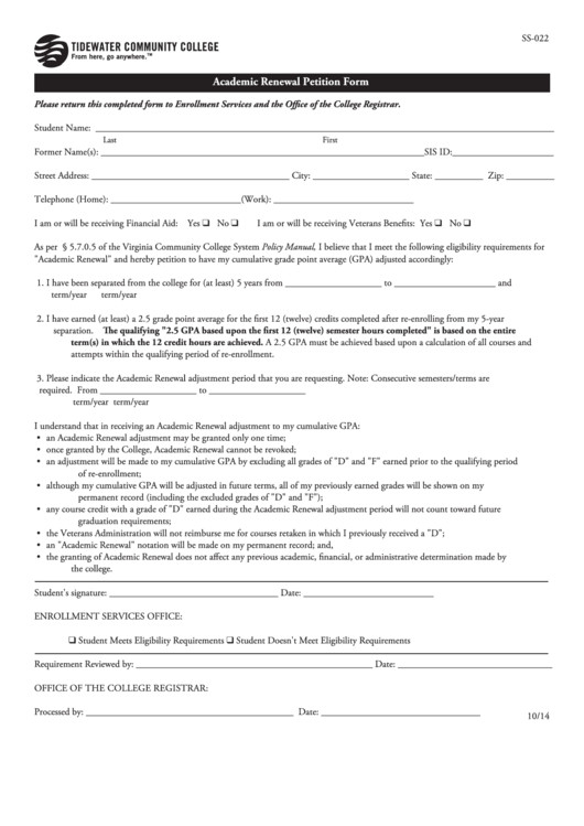 Academic Renewal Petition Form - Tidewater Community College Printable pdf