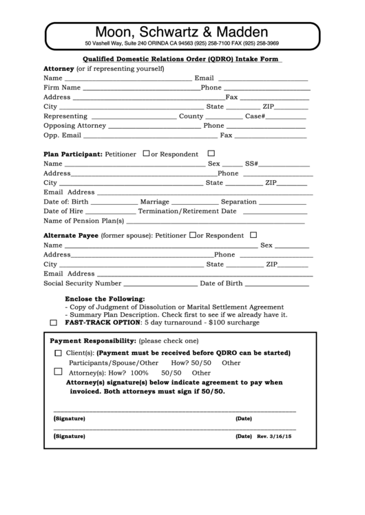 Qualified Domestic Relations Order (qdro) Intake Form