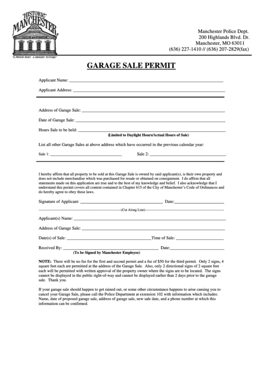 Garage Sale Permit - Manchester Police Dept Gorm Printable pdf