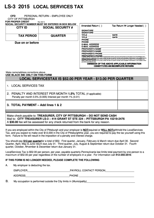 Form Ls-3 - Local Services Tax Personal Return - 2015 Printable pdf