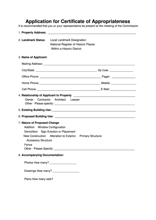 Application For Certificate Of Appropriateness Printable pdf